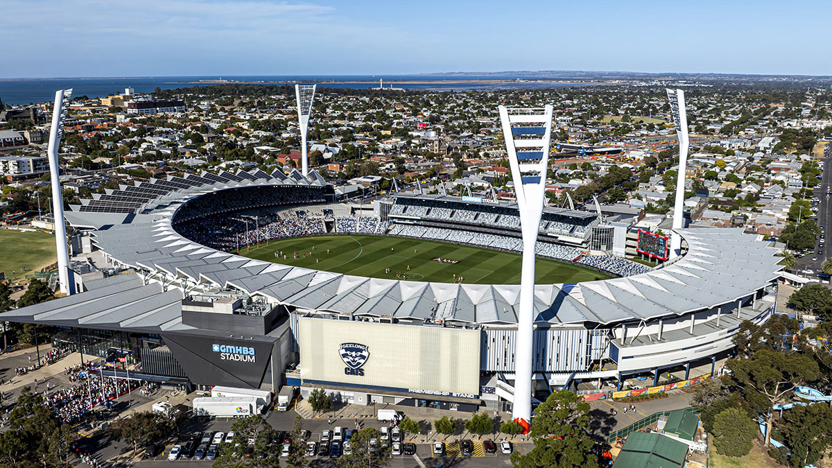 Aerial view of GMHBA Stadium incorporating the new Joel Selwood Stand